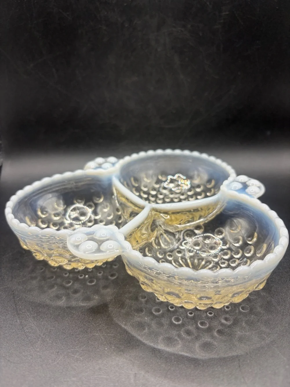 Vintage Opalescent Moonstone Hobnail Clear White Glass Divided Serving Dish